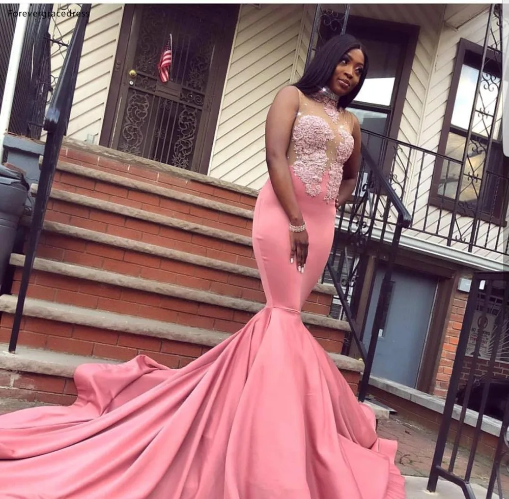 Pink Mermaid Prom Dresses South African Nigeria New Sheer Neck Sequins Appliques Top Long Evening Gowns Plus Size Vestidos BC0914  129 (4)