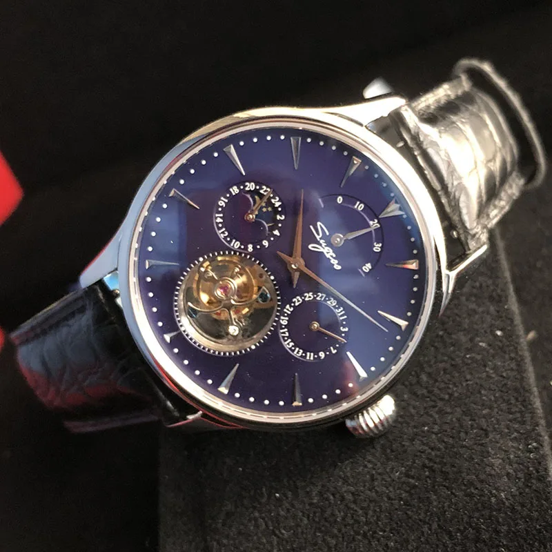 Роскошные мужские механические часы-пилот класса люкс с турбийоном Moonphase и сапфировым циферблатом, настоящие мужские часы ST8007, мужские повседневные часы с календарем - Цвет: Blue Black