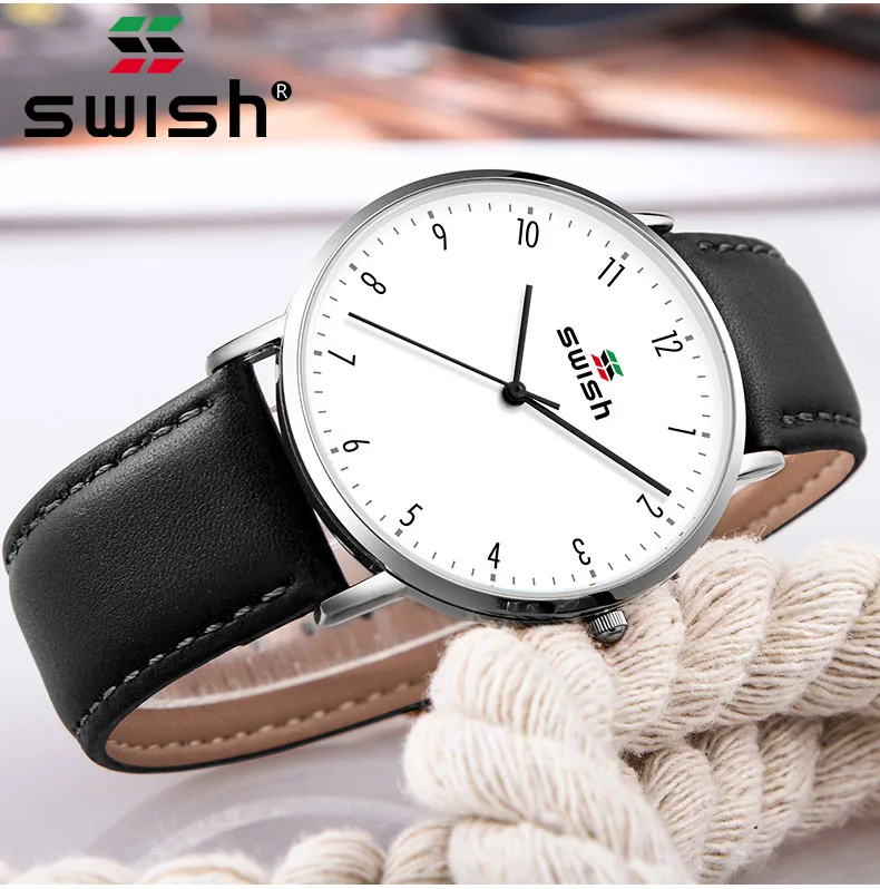 SWISH мужские часы ультра-тонкие часы кожа кварцевые часы 30 м водонепроницаемый черный кожаный ремешок Модные Серебристые часы с циферблатом