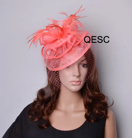 

Wholesale NEW 12 colours Coral Sinamay Fascinator hat with feathers&birdcage veil for wedding,Kentucky Derby.FREE SHIPPING.