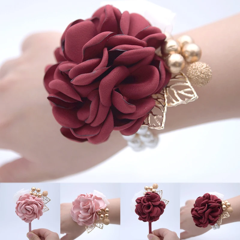 

New Artificial Roses Wedding Party Supplies Bride Bridesmaid Wrist Flower Corsage Flower Gold Beading 7C2334