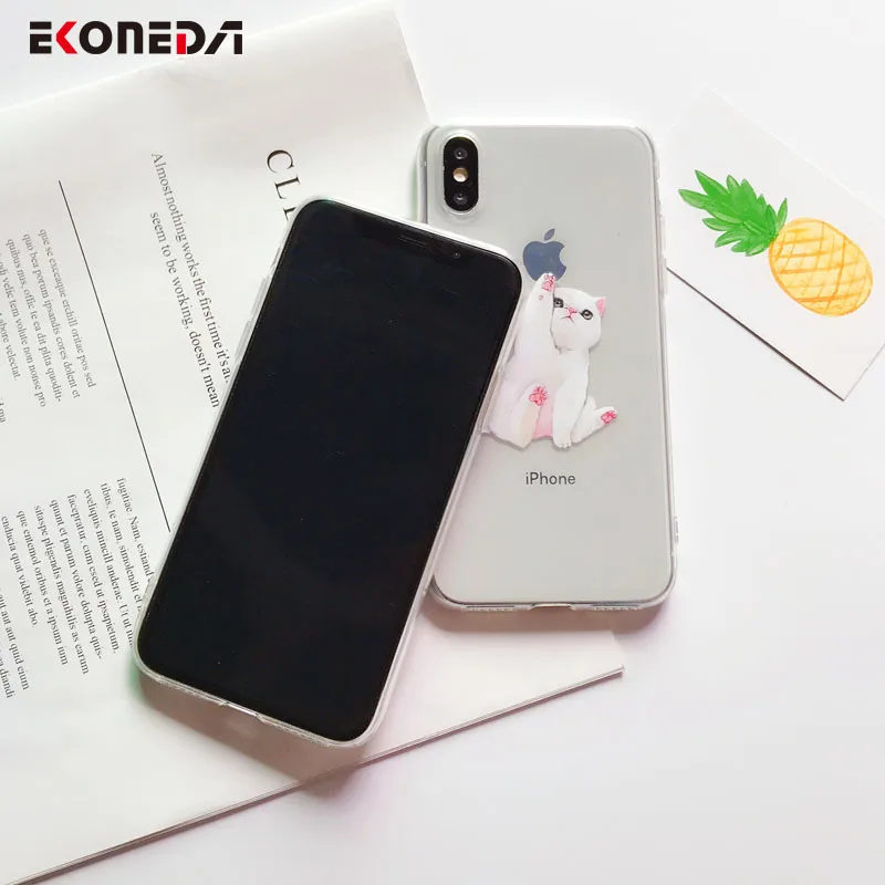 EKONEDA Silicon Funny Cartoon Animal For iPhone XS Max X 7 6S Case Transparent Cat Dinosaur Spoof Logo For iPhone 7 8 6S 6 Case