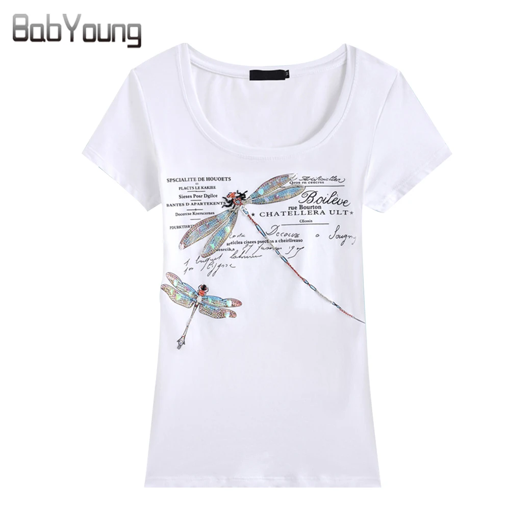 

New Women'S T-Shirt Fashion Slim European And American Style Handmade Dragonfly T Shirt Female Letter Print Camisetas Y Tops