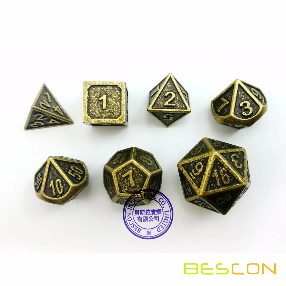 Bescon стиль древний латунный твердый металлический многогранный D& D игральные кости Набор из 7 латунных металлических ролевых игр игральные кости 7 шт. набор D4-D20