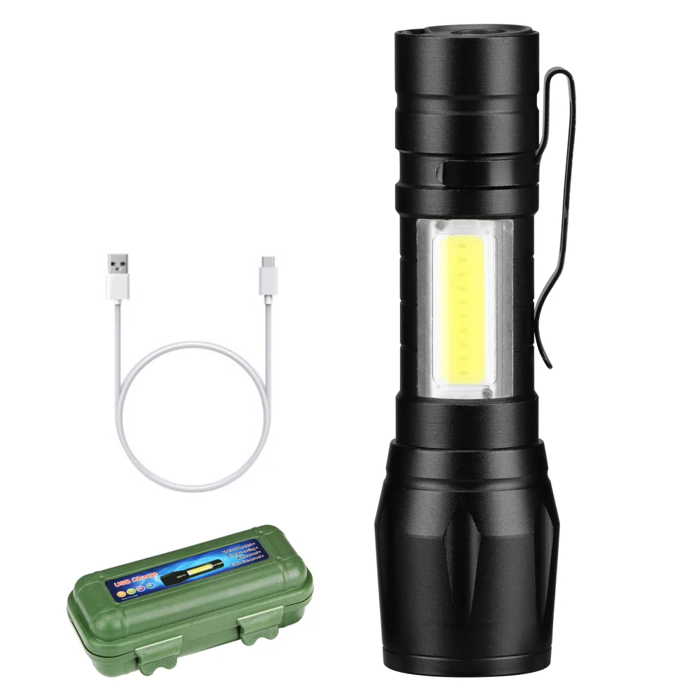 Newest USB Charging XPE+COB LED Flashlight Lamp Torch With Clip 3 Mode Zoomable Lamp Built in Battery with Box For Gift Light