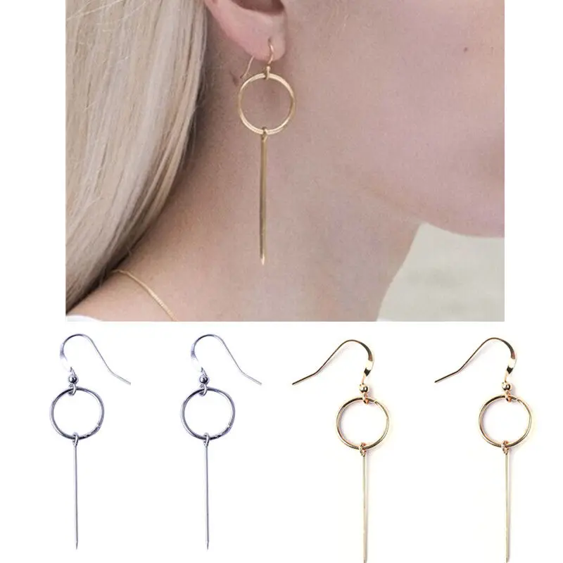 

Trendy Fashion Office Ladies Simple Silver Gold Drop Earrings Girls Round Geometric Dangle Earrings Korean Style Long Earrings