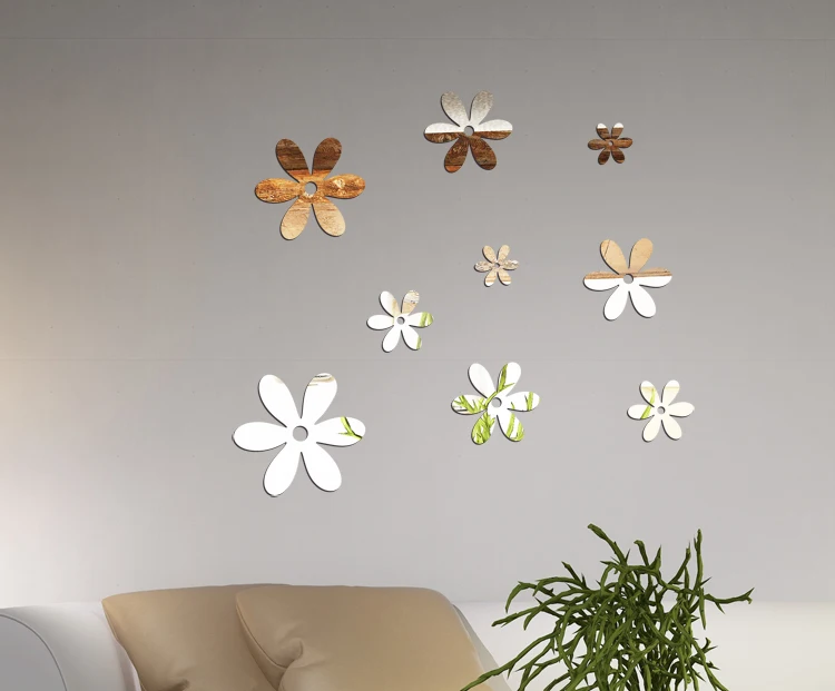 Set of 10 flower wall mirror stickers for tv safa bedroom deco,3D