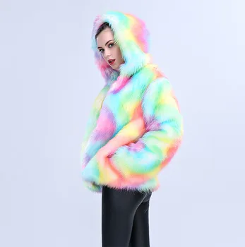 

Winter Female Colorful Fur Jacket Luxury Hooded Thick Coats Womens Mixed Color Winter Outwear Warm Loose Warm 3XL