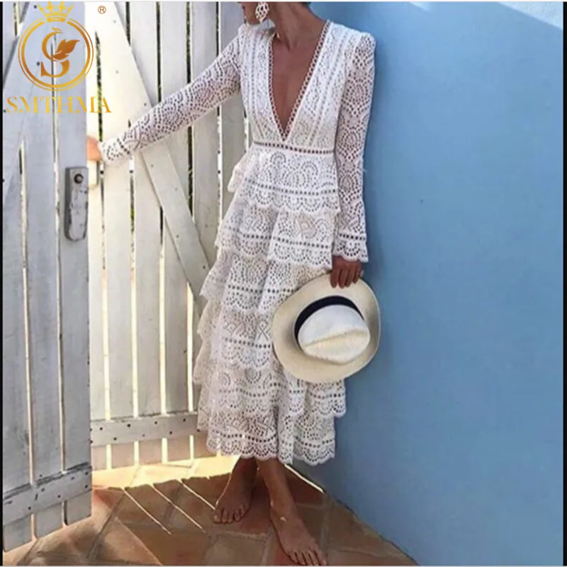 Günstig SMTHMA 2019 Neue kommen Hohe qualität luxus runway weiß Spitze Kleid frauen langarm Sexy V ausschnitt party kleid vestidos
