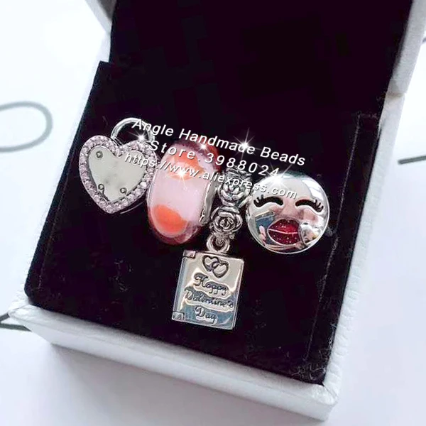 

4pcs Jewelry Set S925 Sterling Silver Pink CZ Heart Clip Kiss Charms Beads Fit DIY Bracelet Necklaces Jewelry Making Woman Gift