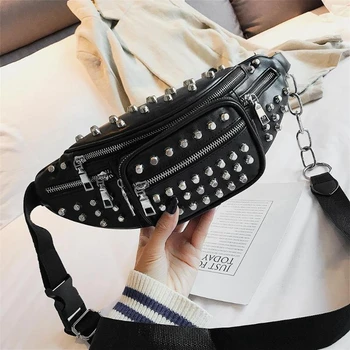 

BEAU-Punk Style Rivet Pu Leather Casual Waist Bag Women Sling Shoulder Bag Phone Fanny Pack Ladies Chest Belt Bags(Black)