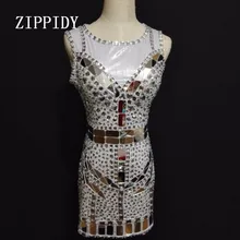 Сверкающие кристаллы зеркала платье сценическая одежда серебряное облегающее платье для женщин певица Стразы вечерний роскошный наряд