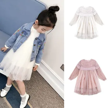 

Pure Color Lace Floral Girls Princess Costume Long Sleeves Round Neck Over-knee Dress Gift