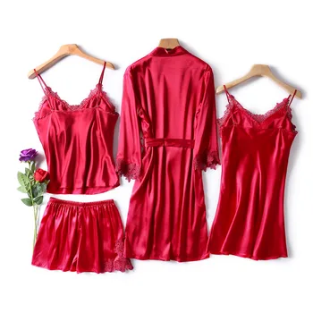 

Women's Pajamas sexy Faux Silk Lace Sling Sleeveless underwear summer pajamas set sleepwear With Chest Pads