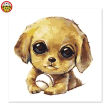Бейсбол, щенок, большие глаза, нарисованная собака, холст, цифровая живопись, известные картины, абстрактная живопись, цветная гитара