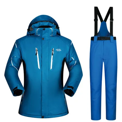 Лыжный костюм зимняя Мужская Утепленная теплая зимняя куртка и лыжные штаны ветрозащитная мужская одежда куртка для сноубординга большого размера m-xxxl - Цвет: Blue and Blue