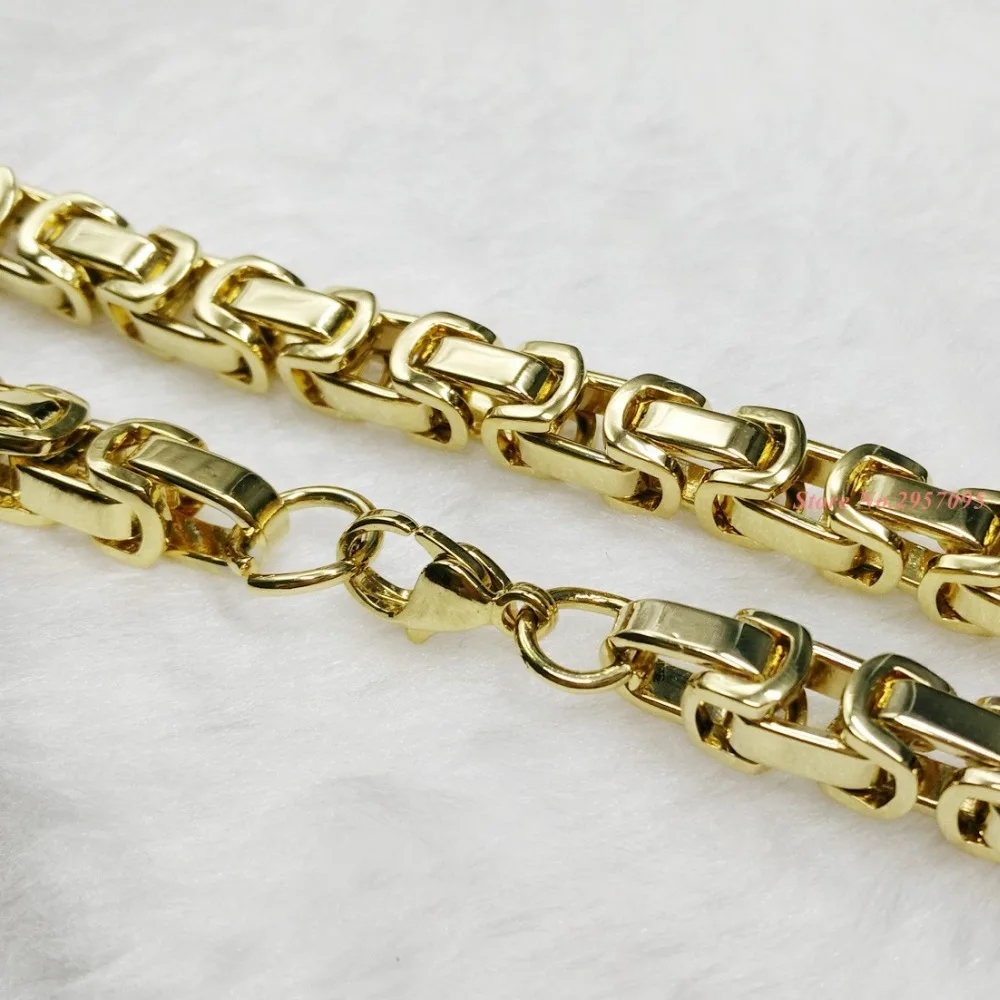 8mm Wide Mens Boys Chain Necklace Gold Tone Byzantine Box Necklace