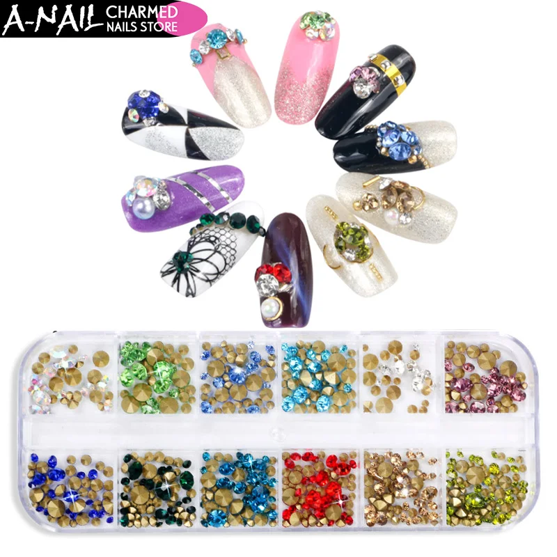 

12 Girds/set AB Color Nail Rhinestone Decorations Clear Flat Bottom Studs Multi-size DIY Nails Art Manicure Accessories Tools
