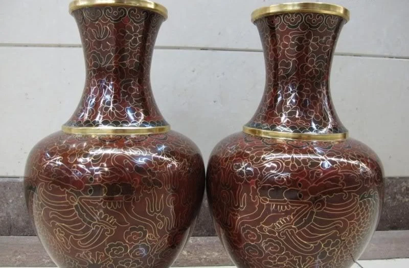 

Chinese Royal Palace Copper Gild cloisonne Dragon phoenix Play Bead Vase Pair