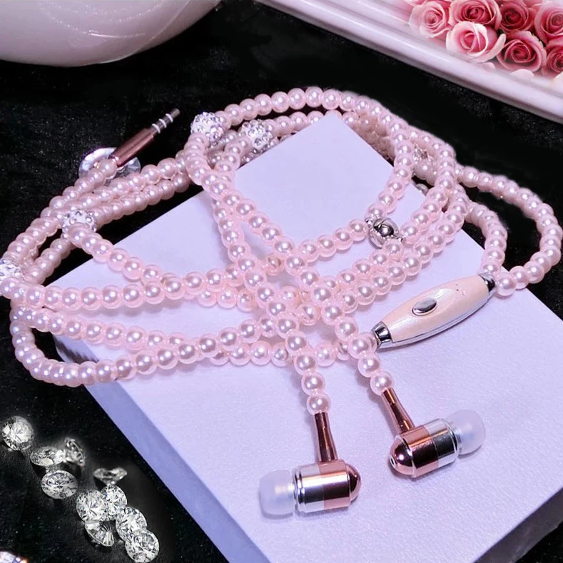 

Pearl Necklace Earphone In-Ear Pink Rhinestone Necklace Jewelry Beads Earphones With Mic For Samsung Xiaomi Brithday Girls Gifts