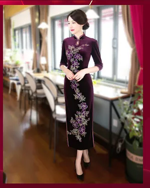 Sheng Coco M-4XL Pleuche традиционное китайское Ципао платье Простой Элегантный принт красный Qipao Вьетнам длинное велюровое винтажное платье