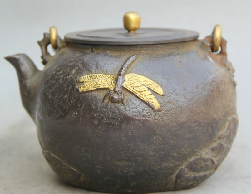 

Collectible bronze S1642 9" Old Marked Chinese iron Gild frog butterfly teapot kettle Wine Tea Pot Flagon