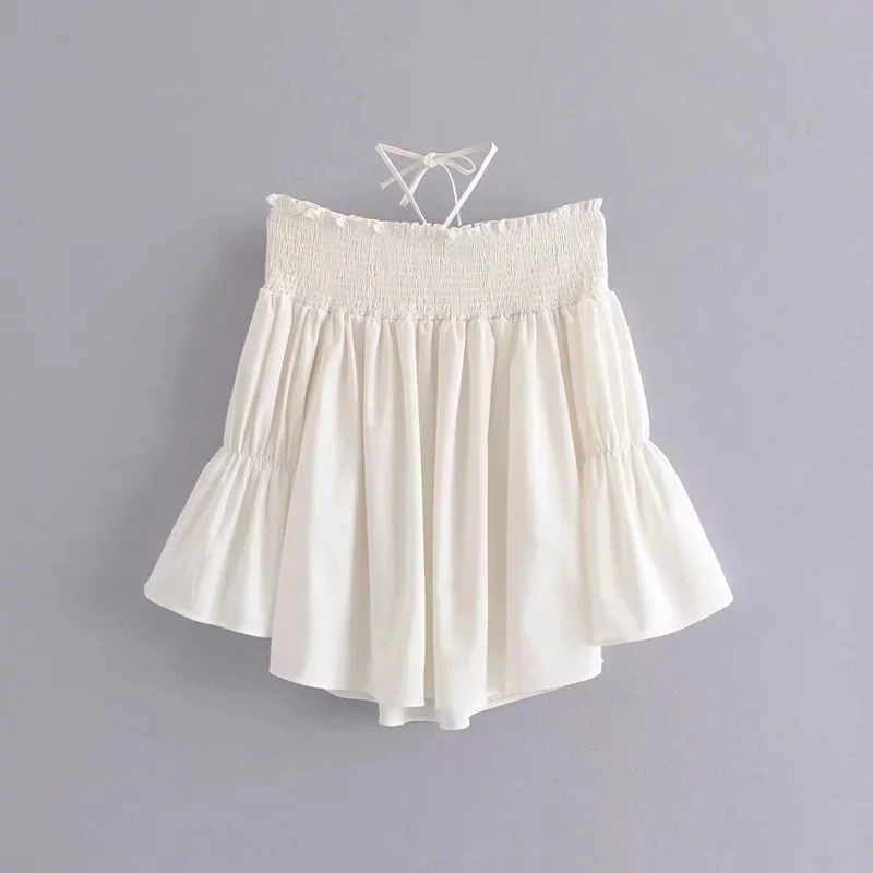

Solid Tops Fashion Women Thin Summer Female Casual Camis Linen Loose One-shoulder Stretch Slim Female Flare Sleeve Shirts