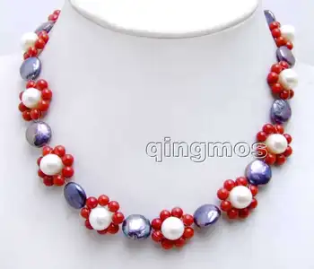 

12-13mm Black Coin Round Natural Pearl and Red 18-20mm Flower handwork Weaving 17'' Necklace-nec6224