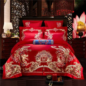 

Luxury Red Wedding 100% Cotton 4/6/9pcs Bedding Set Golden Phoenix Dragon Embroidery Duvet Cover Bed Sheet Bedspread Pillowcases