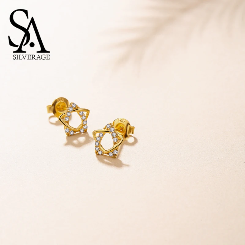 

SA SILVERAGE 9K Yellow Gold Star Stud Earrings for Women AAA Zirconia K-Gold Earrings 2018 Fashion Earrings New Arrival