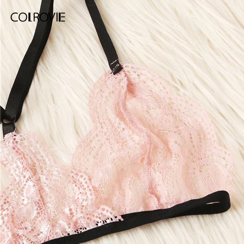 COLROVIE Pink Harness Garter Lace Sexy Intimates Women Lingerie Set 2019 Wireless Cute Transparent Ladies Underwear Bra Set
