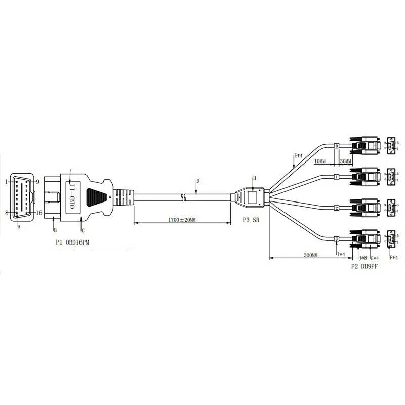 OBD2 16 Pin кабель проводки шнур 1 штекер до 4 DB9 интерфейс для RS232 диагностический инструмент последовательный порт RS232 интерфейс