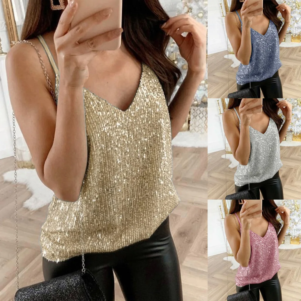 Womens tank top Sequin Glitter Strappy Tank Tops Ladies Sexy Sparkle Camisole v-neck Swing Vest Clubwear party night tanks