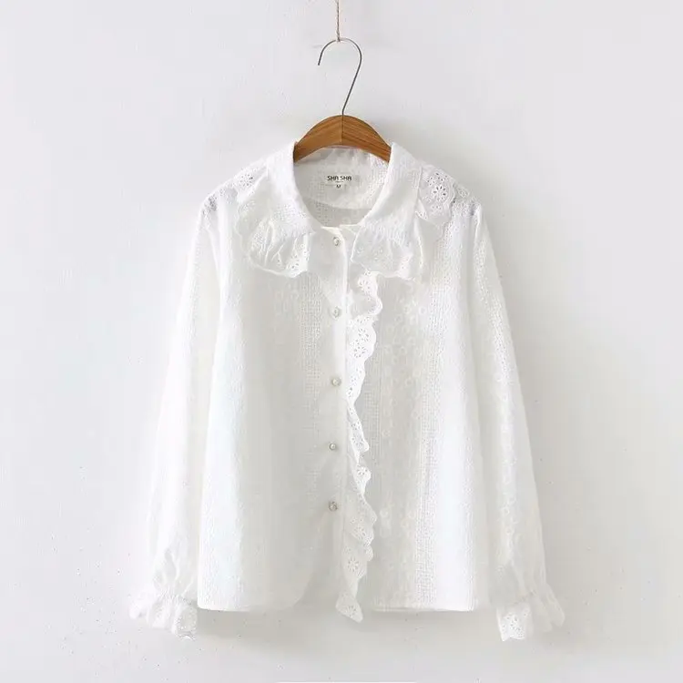 

KYQIAO sweet lolita shirt mori girls autumn spring Japanese style sweet long sleeve white lace hollow blouse camisas mujer