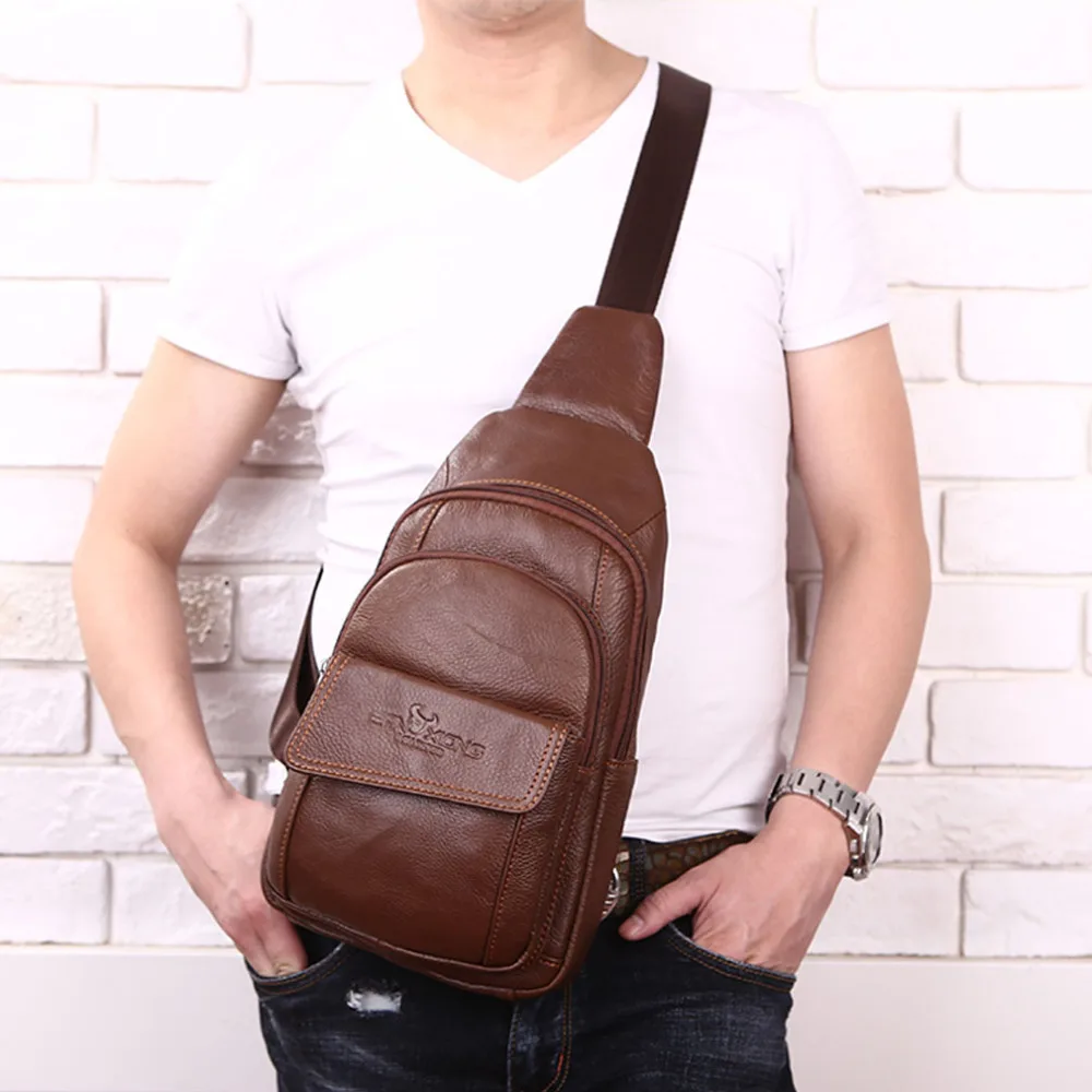 New Men Genuine Leather Cowhide Messenger Shoulder Cross Body Bag Travel Male Sling Chest Back Pack Day Pack men s black soft cowhide back pack multifunctional genuine cow leather12 9 inches laptop rucksack male schooltravel shoulder bag