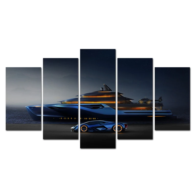 

Modular Canvas HD Prints Posters Home Decor Wall Art Pictures 5 Pieces Sports Car and Boat Art Painting Framework Spray Painting