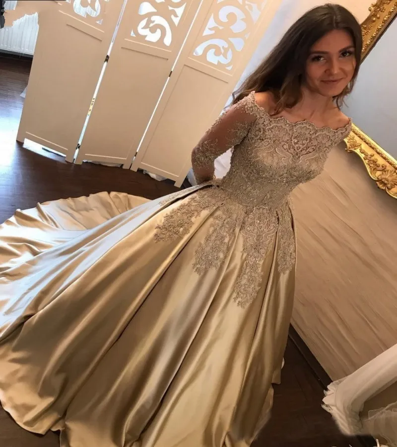 

Vintage Gold Lace Muslim Wedding Dress 2019 Saudi Arabia Long Sleeve Vestido De Noiva Elegant A-Line Wedding Gowns