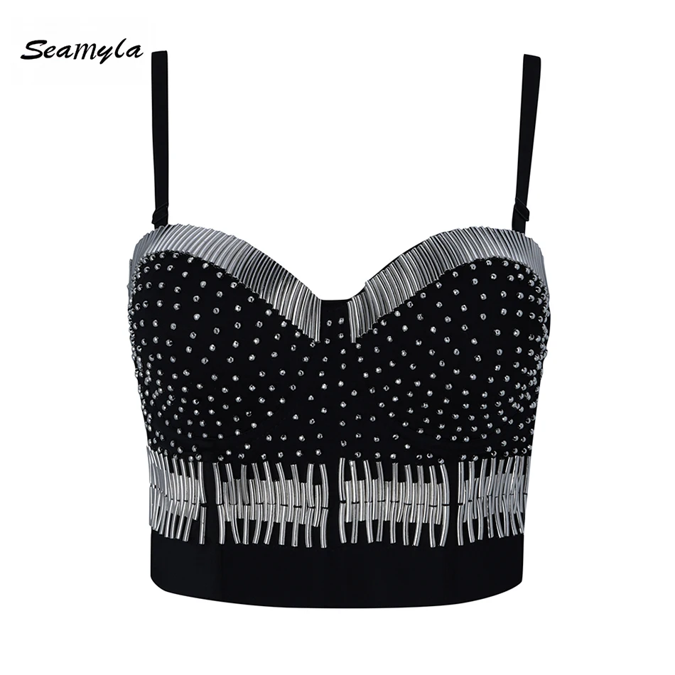 

Seamyla 2019 New Fashion Tank Tops Black Mini Crop Top Women Sexy Beading Short Tops Bodycon Summer Club Party Female Top