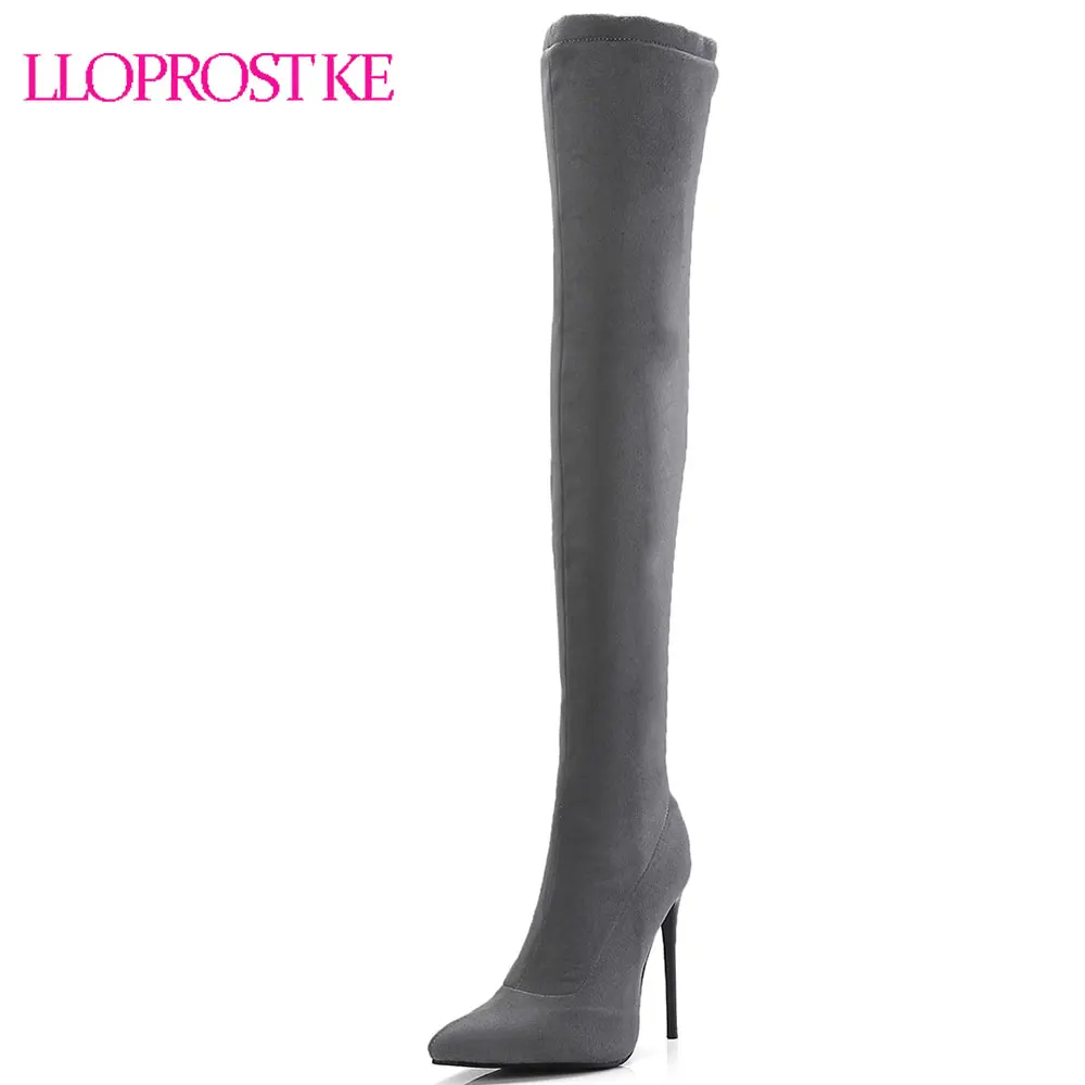 

Lloprost ke Stretch Suede Women Thigh High Boots Stilettos Sexy Over the Knee Boots Pointy Toe High Heel Long Boots Black Gray