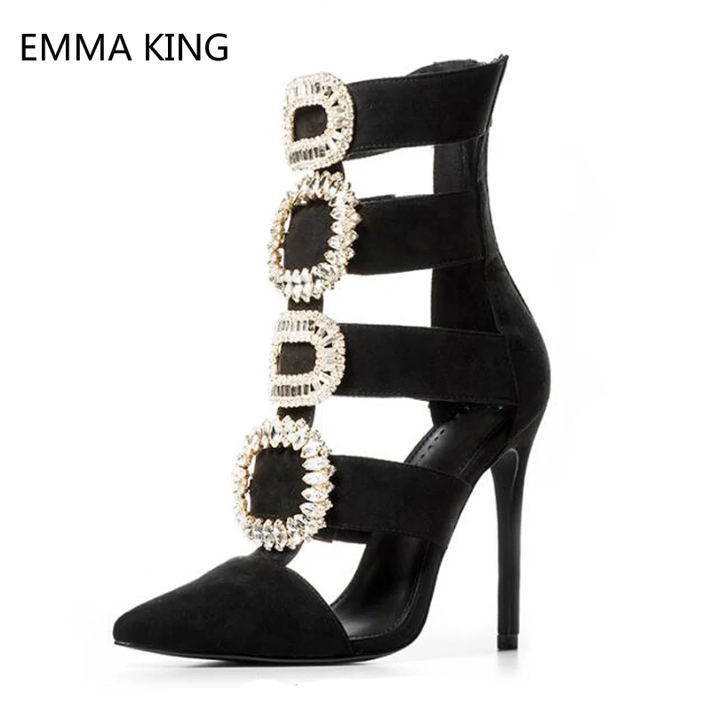

Summer Brand Women Shoes Rhinestones Thin High Heels Pointed Toe Suede Ankle Boots Crystal Diamonds Leather Sandals Female
