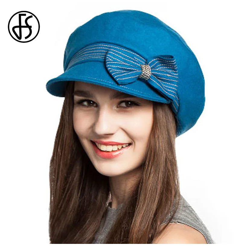 

FS Solid Color Newsboy Cap Women Winter Wool Felt Hats With Bowknot Wide Brim Gorras Planas Octagonal Cap Beret Femme Hiver