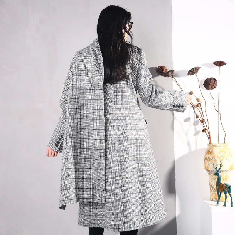 [EAM] новая осенне-зимняя шерстяная куртка свободного кроя с отворотом и длинным рукавом с принтом, модное женское пальто JG62
