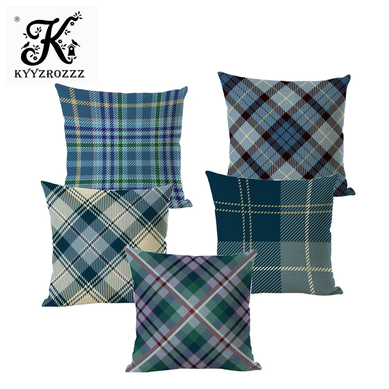 

High Quality Geometric Grid Cushion Cover Blue Series Square Cotton And Linen Pillow Case Household Sofa Decoration Pillow Case