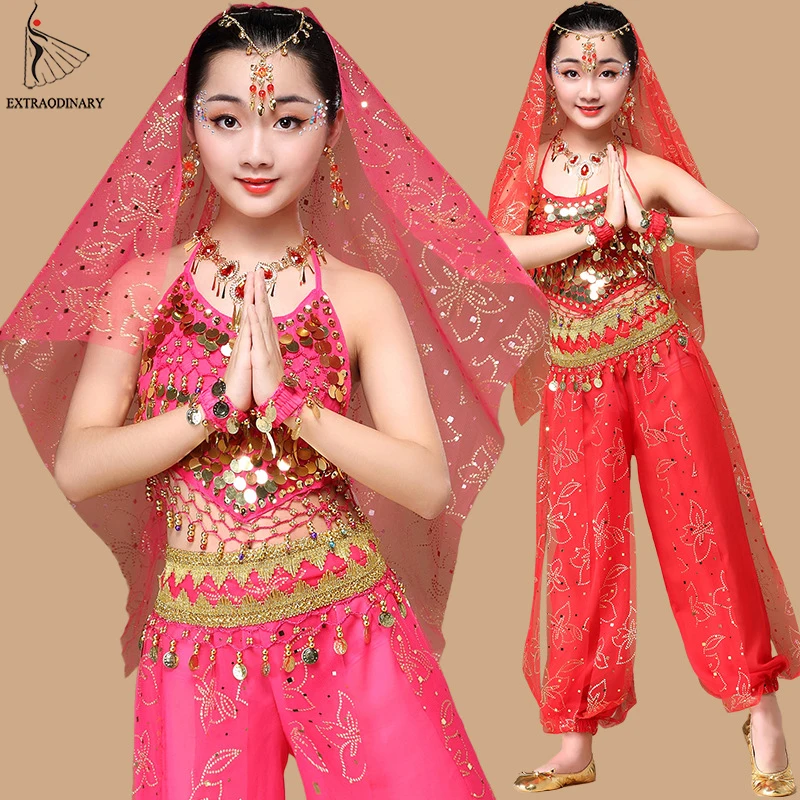 

Bollywood Dance Costumes Indian Set Sari Chiffon Outfit Halloween Performance Girls Belly Dance Top Belt Pants Veil Headpiece