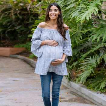 

Materniti Clothes Breastfeeding Clothes Pregnant Ladies' Pregnant Women's Shoulder Striped Shirt embarazada ropa 30