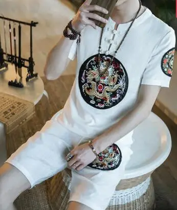 Мужские льняные комплекты короткие 5XL Клубные наряды дракон вышивка мужская одежда китайский стиль рубашки Роскошные Короткие Мандарин Воротник - Цвет: Белый