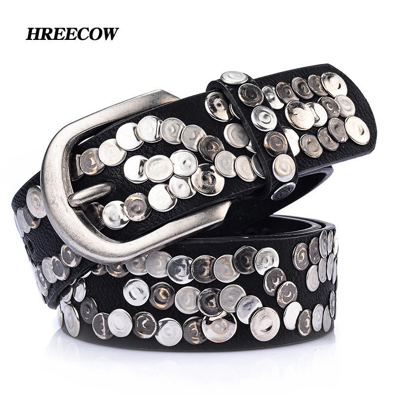 

Genuine Leather Woman Metal Plate Punk Belt Female Wide Cowhide Hiphop Rock Rivet Strap Cinto Men Ceinture Black