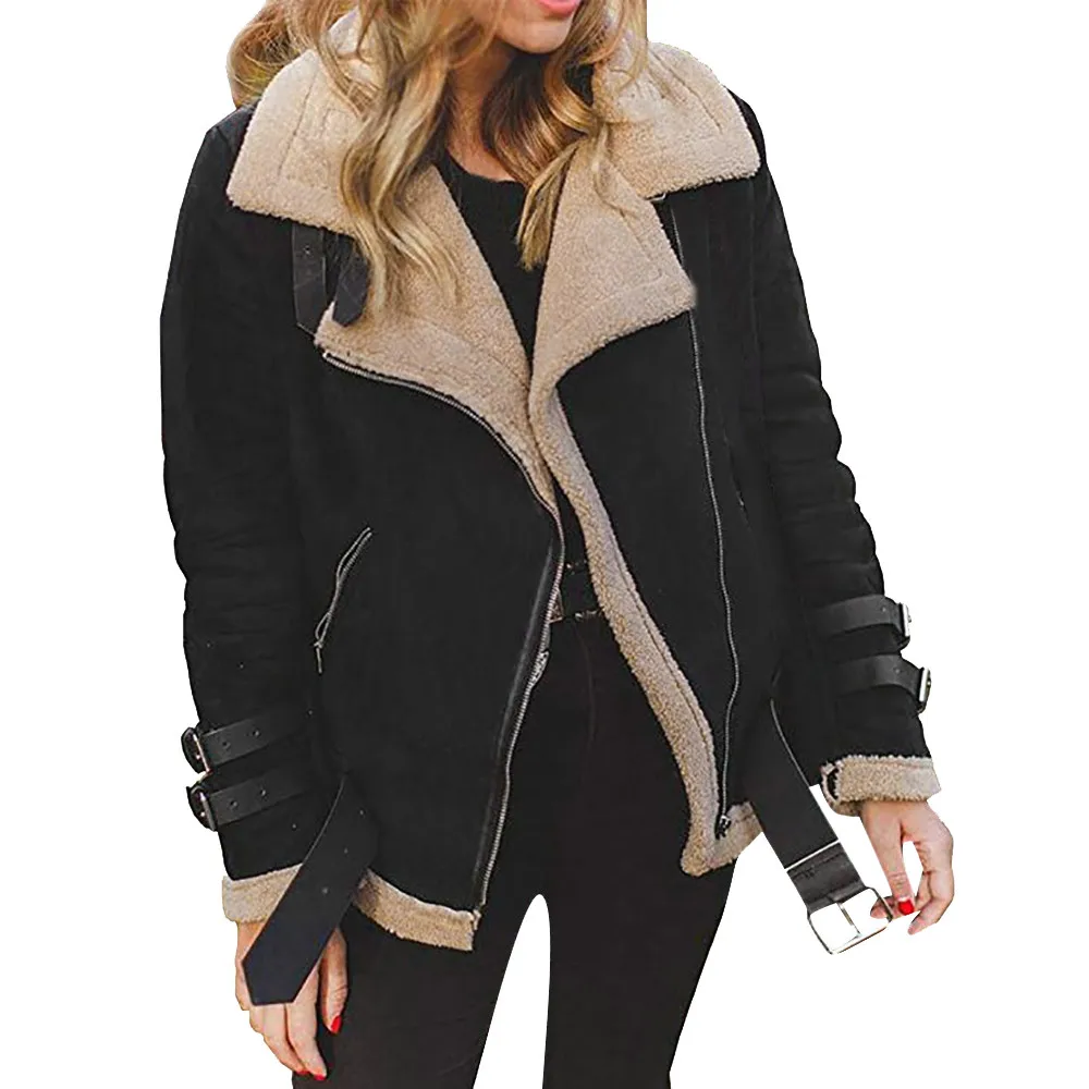 

CHAMSGEND Winter Women Faux Fur Fleece Coat Outwear Warm Lapel Biker Motor Aviator Jacket Fashion Turn-Down Collar Coat Oc25