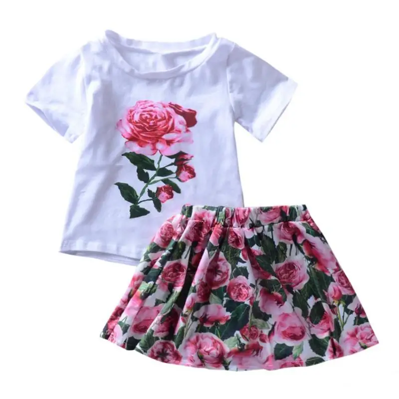 

Girls Summer Dress Clothes Set 2pcs Elastic Fashion Kids Girls Summer Set Short Sleeve O-Neck Print Floral T-shirt Skirt Outfits