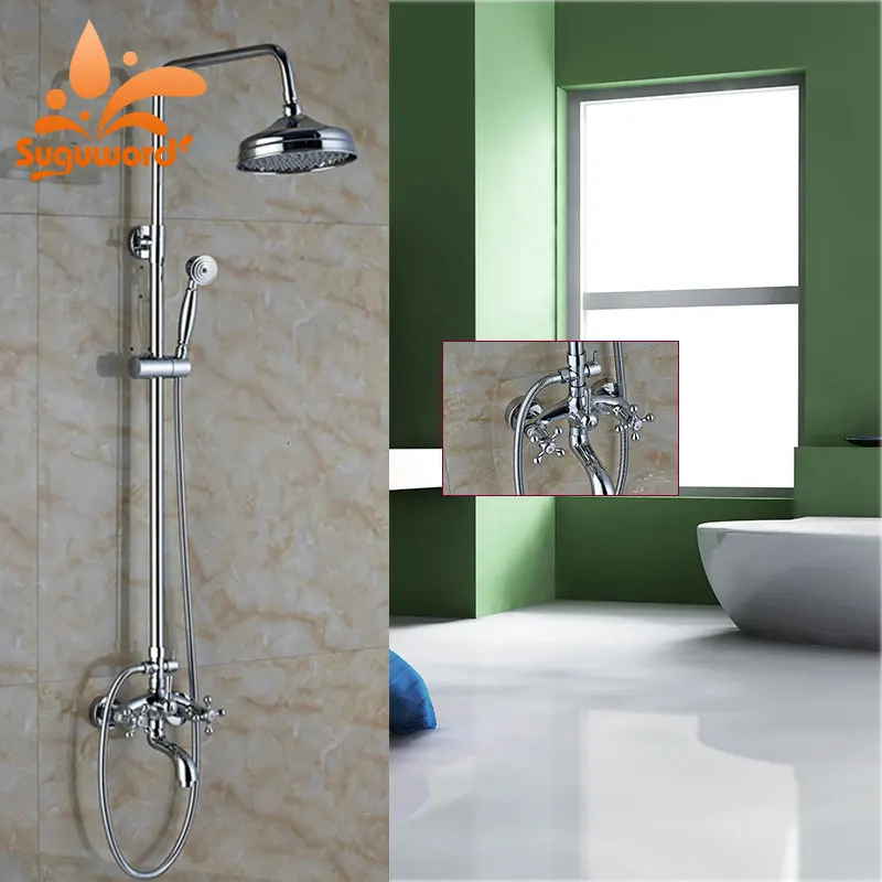Suguword Chrome Polish Shower Combo Set Hot and Cold Switch Shower System Mixer Taps 8'' Shower